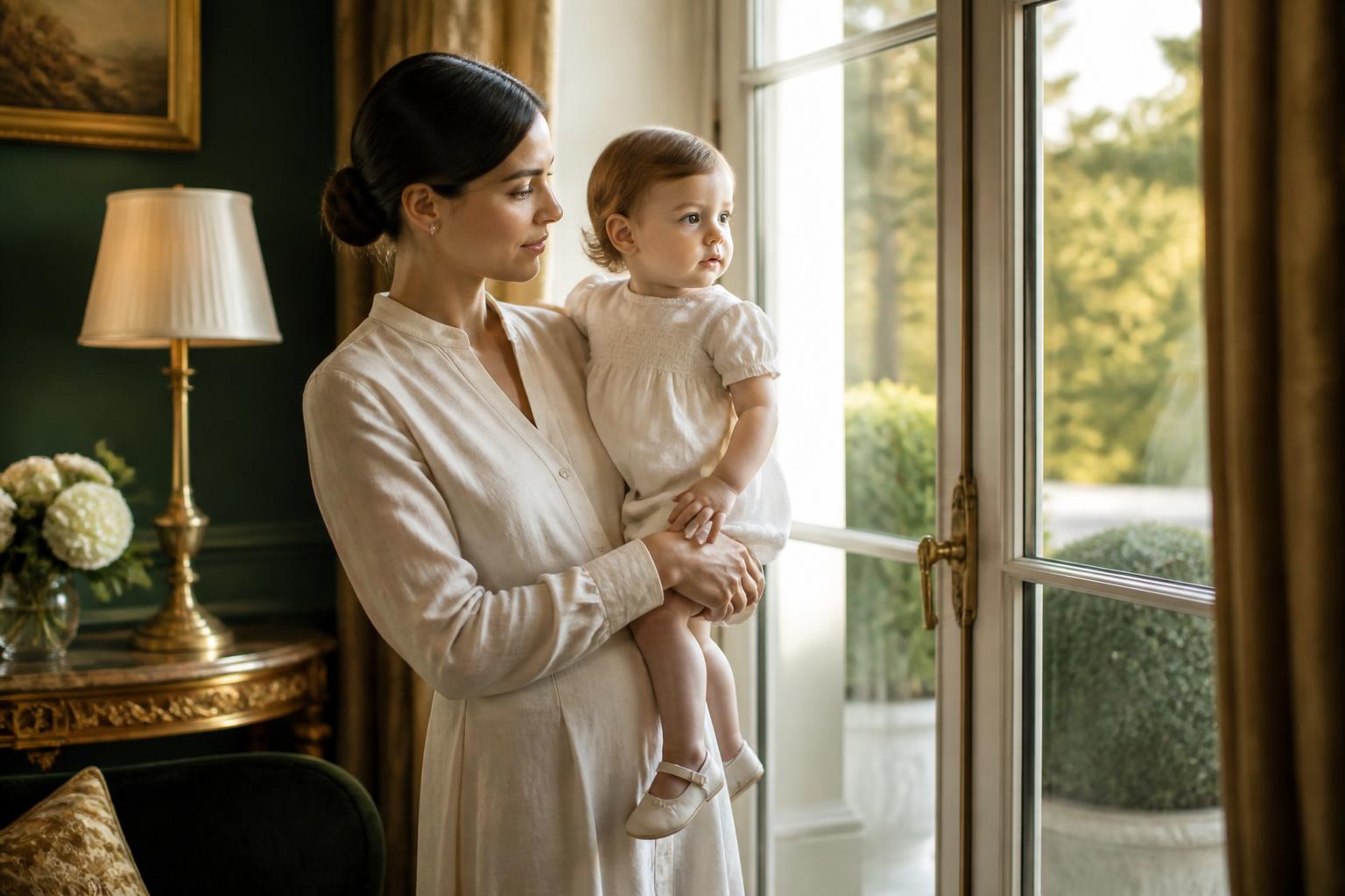 A nanny holding a young child by a sunlit window